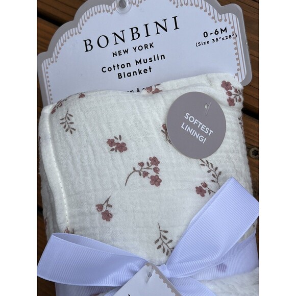 BONBINI Cotton Muslin Baby Blanket Stepping Stones Tiny Flowers Ivory Reversible - Picture 3 of 6